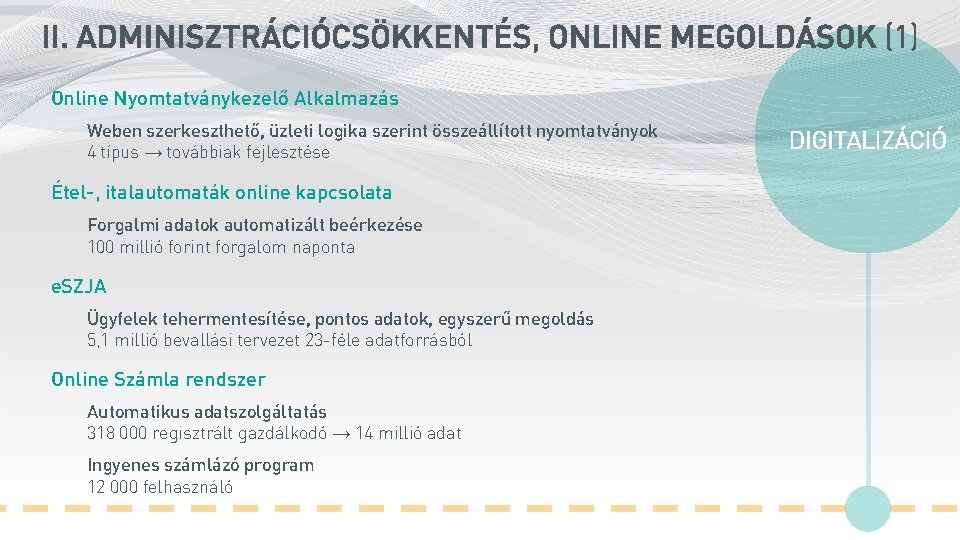 II. ADMINISZTRÁCIÓCSÖKKENTÉS, ONLINE MEGOLDÁSOK (1) Online Nyomtatványkezelő Alkalmazás Weben szerkeszthető, üzleti logika szerint összeállított