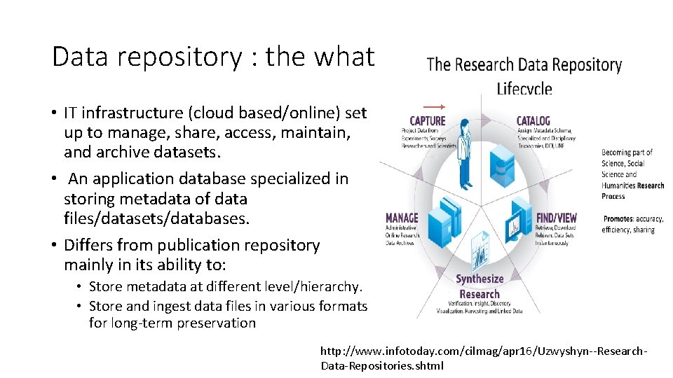 Data repository : the what • IT infrastructure (cloud based/online) set up to manage,