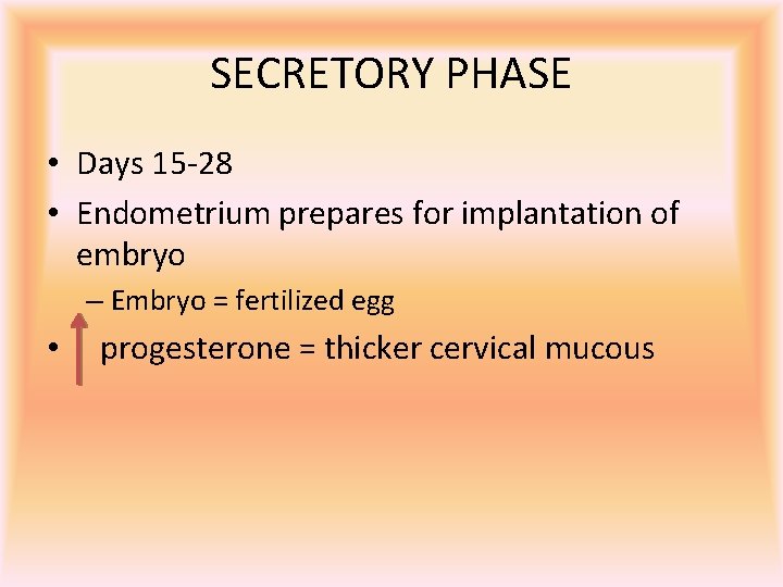 SECRETORY PHASE • Days 15 -28 • Endometrium prepares for implantation of embryo –