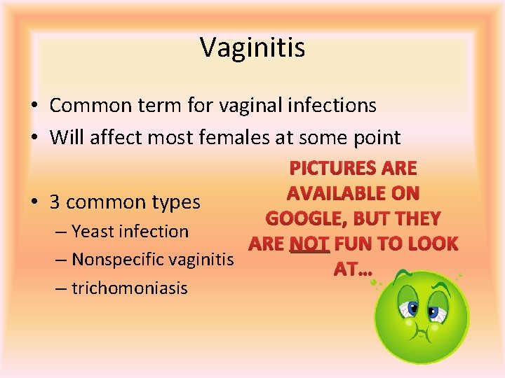 Vaginitis • Common term for vaginal infections • Will affect most females at some