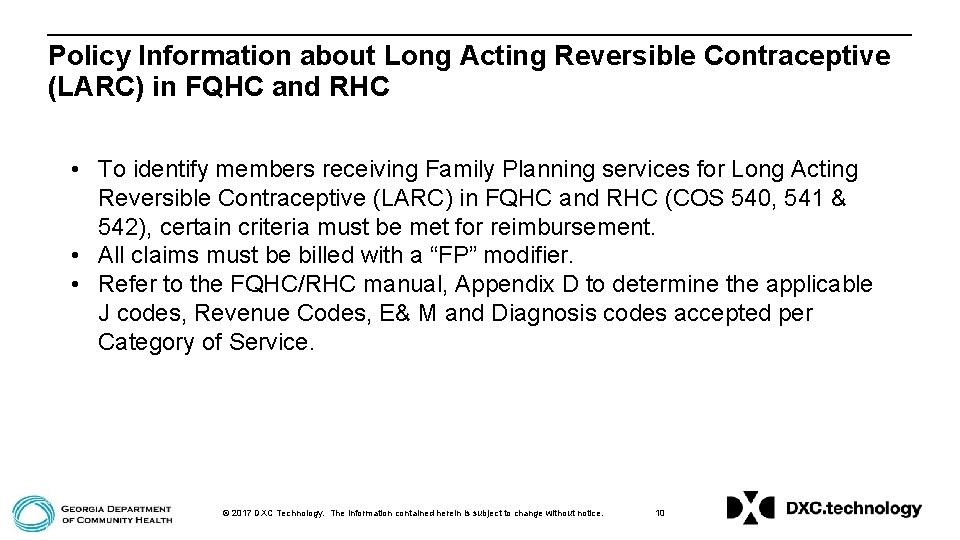 Policy Information about Long Acting Reversible Contraceptive (LARC) in FQHC and RHC • To