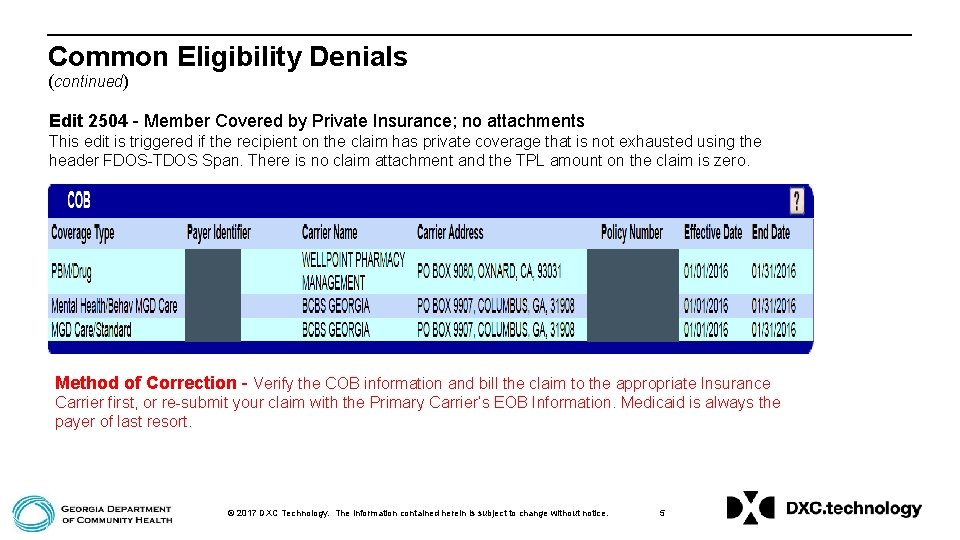 Common Eligibility Denials (continued) Edit 2504 - Member Covered by Private Insurance; no attachments