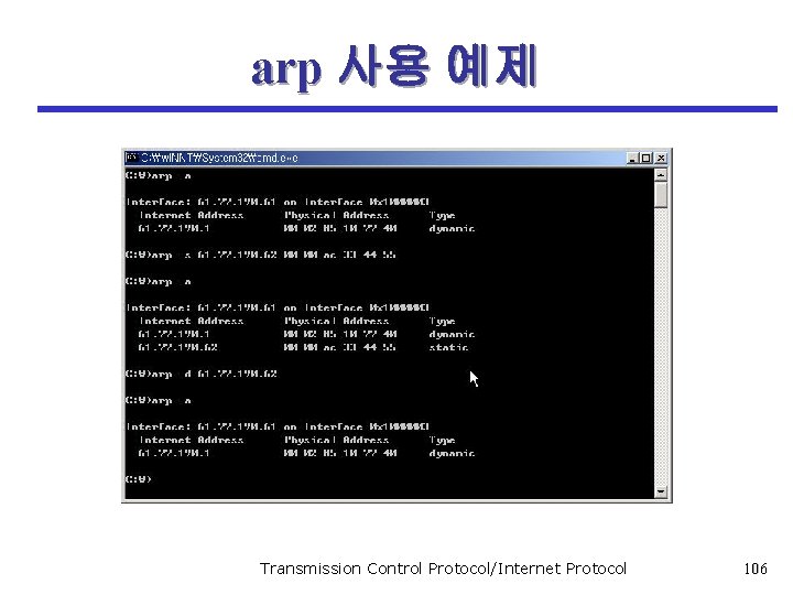 arp 사용 예제 Transmission Control Protocol/Internet Protocol 106 
