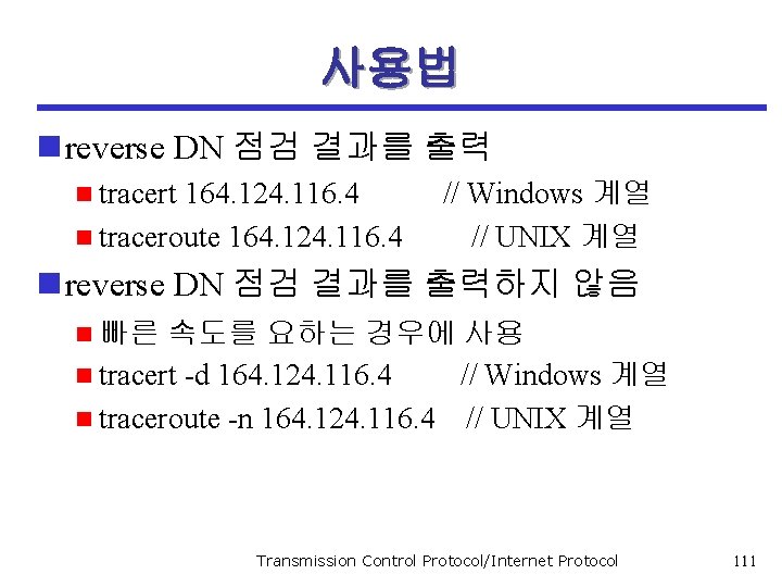 사용법 n reverse DN 점검 결과를 출력 n tracert 164. 124. 116. 4 //