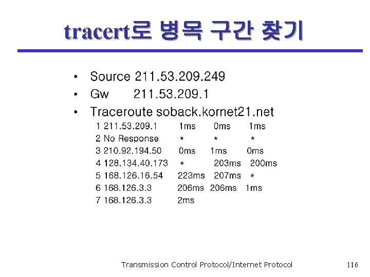 tracert로 병목 구간 찾기 Transmission Control Protocol/Internet Protocol 116 