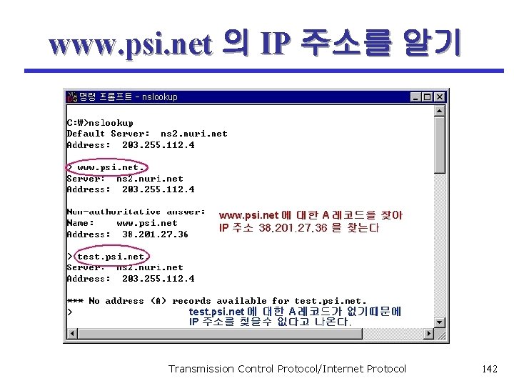 www. psi. net 의 IP 주소를 알기 Transmission Control Protocol/Internet Protocol 142 