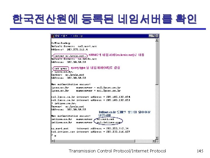 한국전산원에 등록된 네임서버를 확인 Transmission Control Protocol/Internet Protocol 145 
