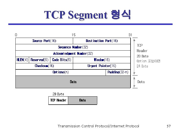 TCP Segment 형식 Transmission Control Protocol/Internet Protocol 57 