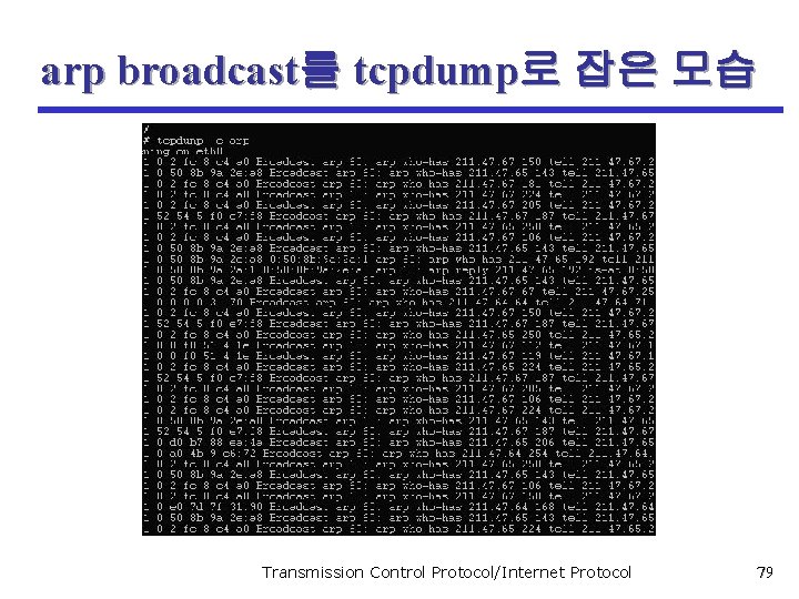 arp broadcast를 tcpdump로 잡은 모습 Transmission Control Protocol/Internet Protocol 79 