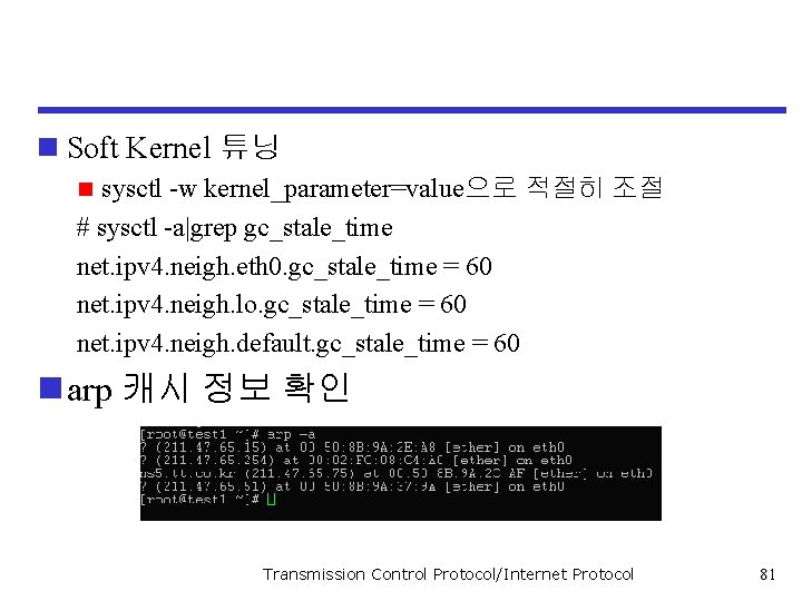 n Soft Kernel 튜닝 sysctl -w kernel_parameter=value으로 적절히 조절 # sysctl -a|grep gc_stale_time net.