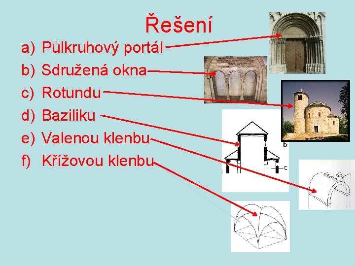 Řešení a) b) c) d) e) f) Půlkruhový portál Sdružená okna Rotundu Baziliku Valenou