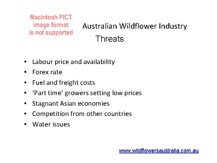 Australian Wildflower Industry Threats • • Labour price and availability Forex rate Fuel and