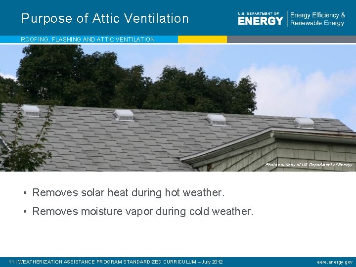 Purpose of Attic Ventilation ROOFING, FLASHING AND ATTIC VENTILATION Photo courtesy of US Department