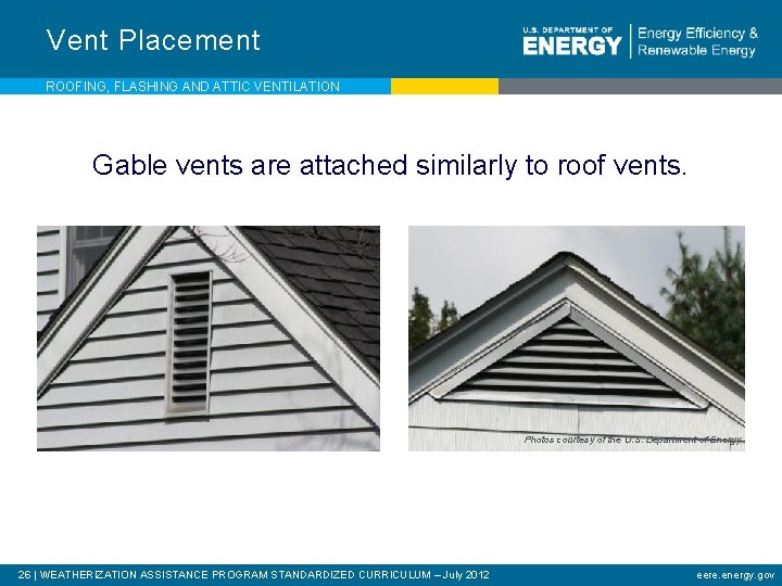 Vent Placement ROOFING, FLASHING AND ATTIC VENTILATION Gable vents are attached similarly to roof