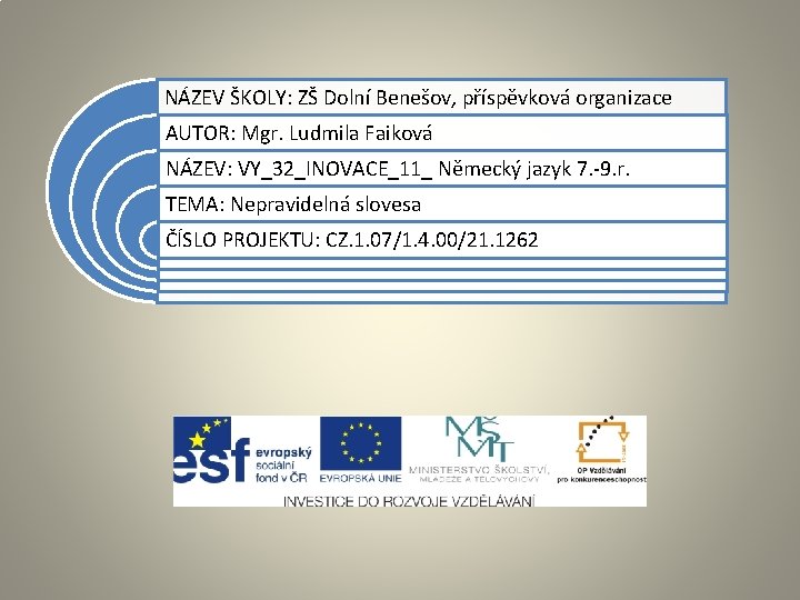 NÁZEV ŠKOLY: ZŠ Dolní Benešov, příspěvková organizace AUTOR: Mgr. Ludmila Faiková NÁZEV: VY_32_INOVACE_11_ Německý