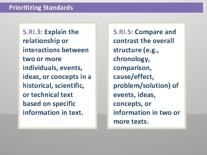 Prioritizing Standards 5. RI. 3: Explain the relationship or interactions between two or more