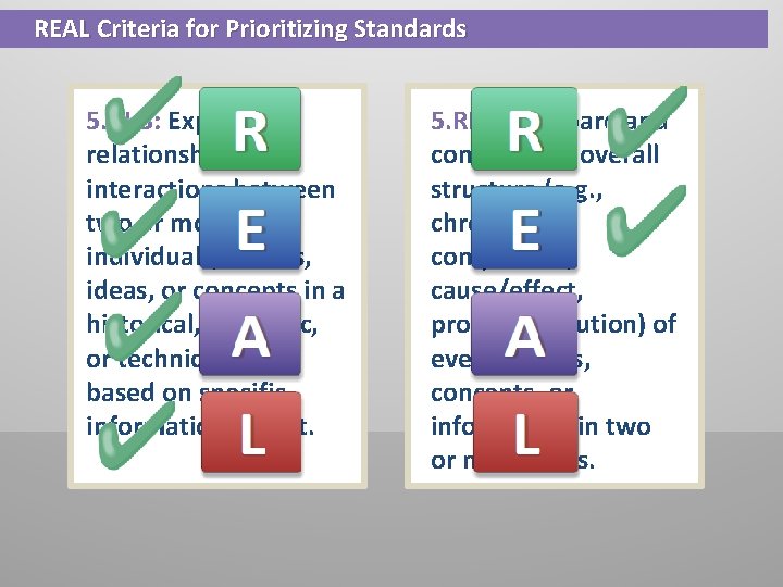 REAL Criteria for Prioritizing Standards 5. RI. 3: Explain the relationship or interactions between