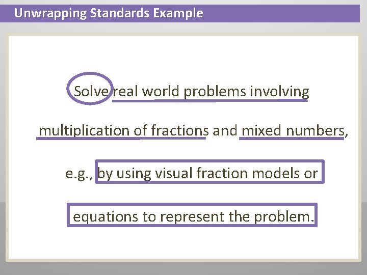 Unwrapping Standards Example Solve real world problems involving multiplication of fractions and mixed numbers,