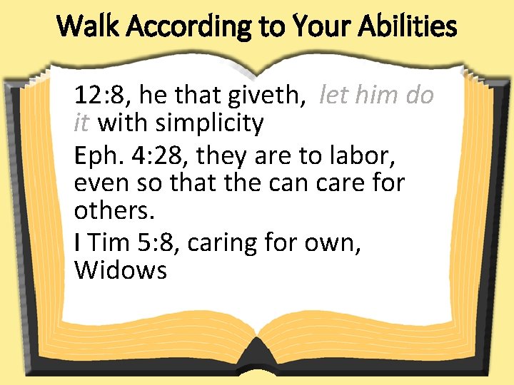 Walk According to Your Abilities 12: 8, he that giveth, let him do it