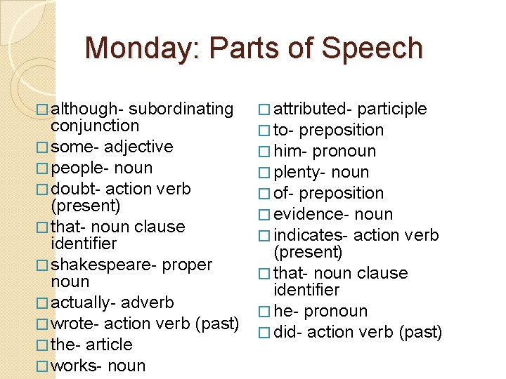 Monday: Parts of Speech � although- subordinating conjunction � some- adjective � people- noun Monday: Parts of Speech � although- subordinating conjunction � some- adjective � people- noun