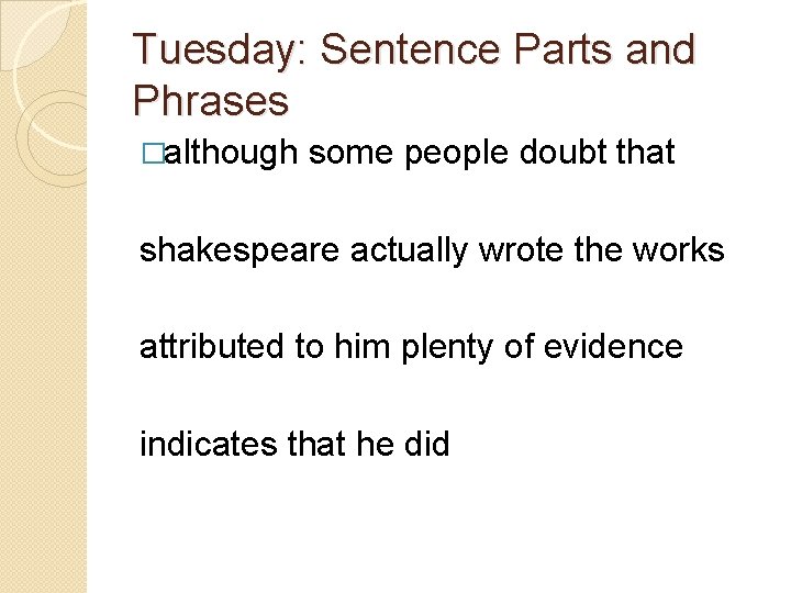 Tuesday: Sentence Parts and Phrases �although some people doubt that shakespeare actually wrote the Tuesday: Sentence Parts and Phrases �although some people doubt that shakespeare actually wrote the