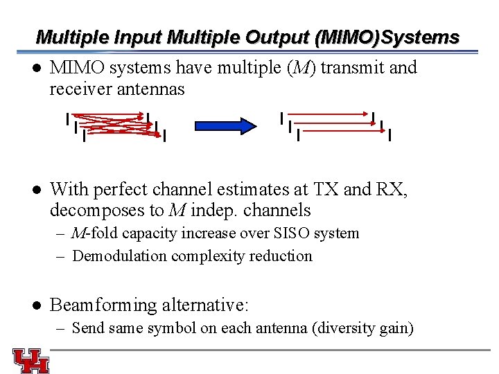 Multiple Input Multiple Output (MIMO)Systems l MIMO systems have multiple (M) transmit and receiver Multiple Input Multiple Output (MIMO)Systems l MIMO systems have multiple (M) transmit and receiver