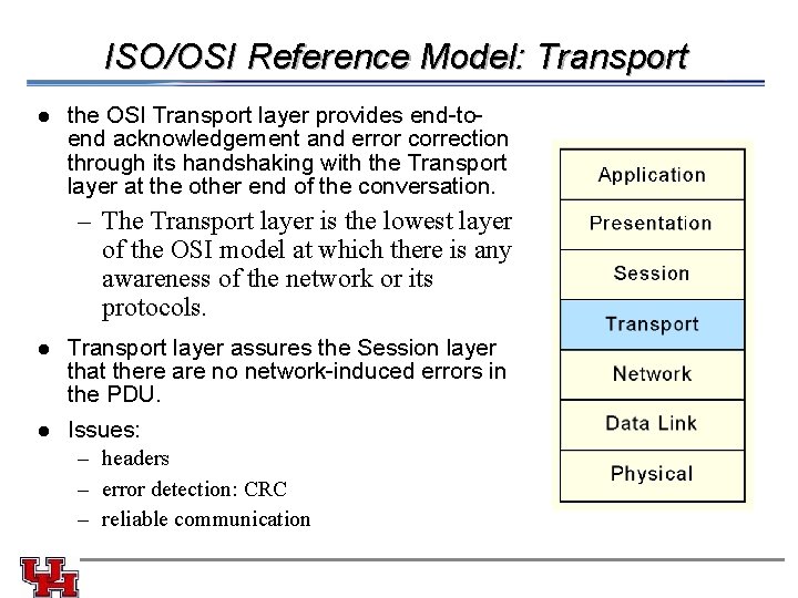 ISO/OSI Reference Model: Transport l the OSI Transport layer provides end-toend acknowledgement and error ISO/OSI Reference Model: Transport l the OSI Transport layer provides end-toend acknowledgement and error