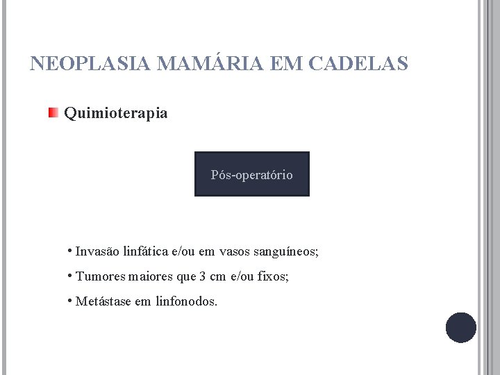 NEOPLASIA MAMÁRIA EM CADELAS Quimioterapia Pós-operatório • Invasão linfática e/ou em vasos sanguíneos; •