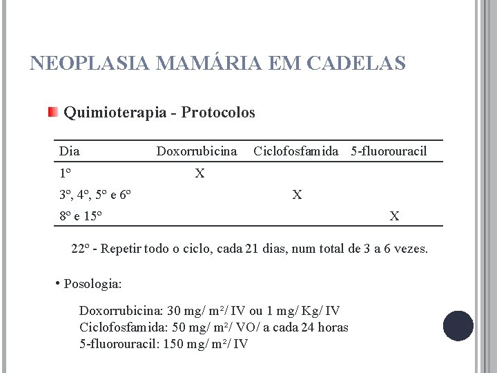 NEOPLASIA MAMÁRIA EM CADELAS Quimioterapia - Protocolos Dia Doxorrubicina 1º Ciclofosfamida 5 -fluorouracil X