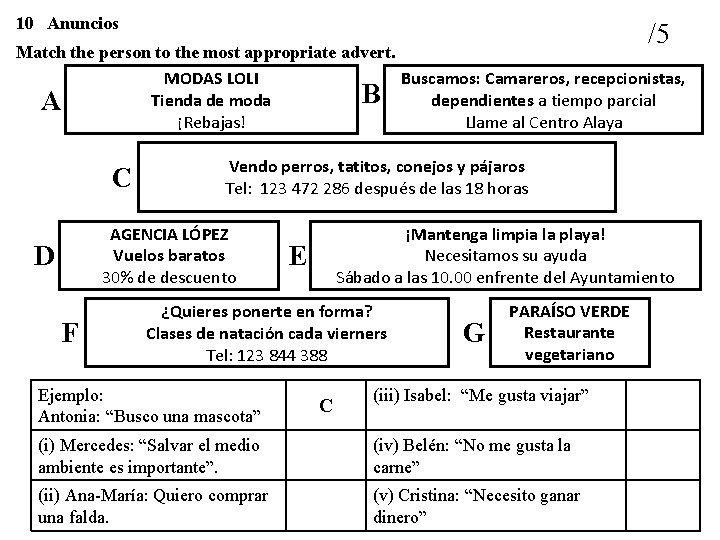 10 Anuncios /5 Match the person to the most appropriate advert. MODAS LOLI Buscamos: