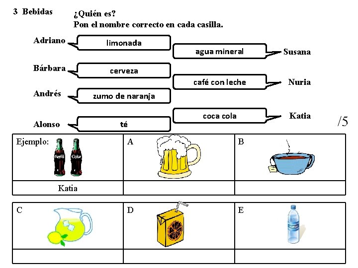 3 Bebidas ¿Quién es? Pon el nombre correcto en cada casilla. Adriano Bárbara Andrés