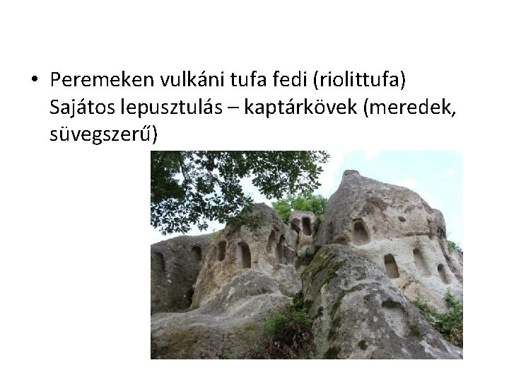  • Peremeken vulkáni tufa fedi (riolittufa) Sajátos lepusztulás – kaptárkövek (meredek, süvegszerű) 