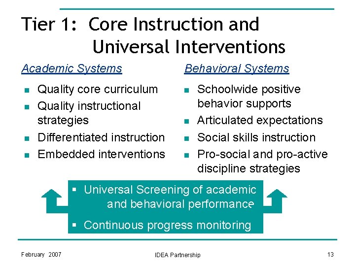 Tier 1: Core Instruction and Universal Interventions Academic Systems n n Behavioral Systems Quality Tier 1: Core Instruction and Universal Interventions Academic Systems n n Behavioral Systems Quality