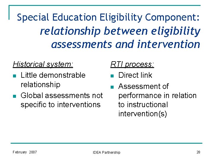 Special Education Eligibility Component: relationship between eligibility assessments and intervention Historical system: RTI process: Special Education Eligibility Component: relationship between eligibility assessments and intervention Historical system: RTI process: