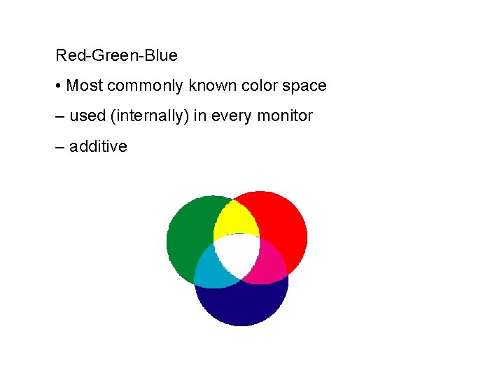 Red-Green-Blue • Most commonly known color space – used (internally) in every monitor –