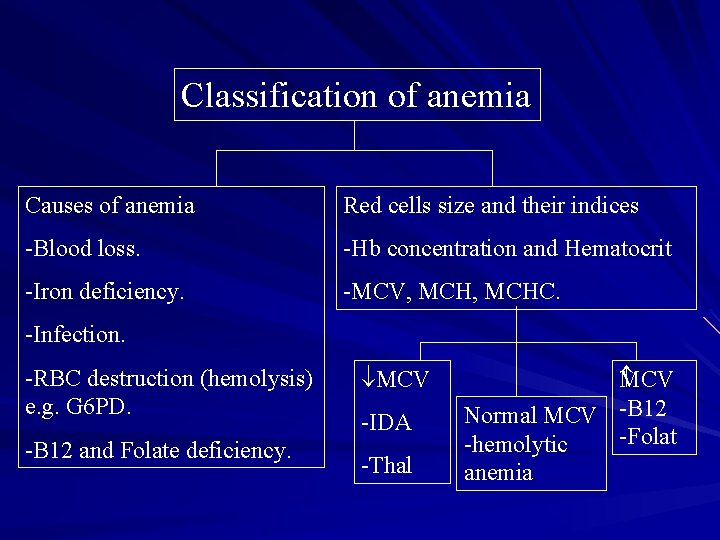 Classification of anemia Causes of anemia Red cells size and their indices -Blood loss.