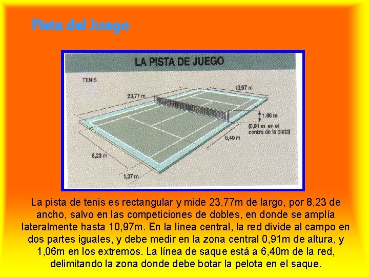 Pista del Juego La pista de tenis es rectangular y mide 23, 77 m