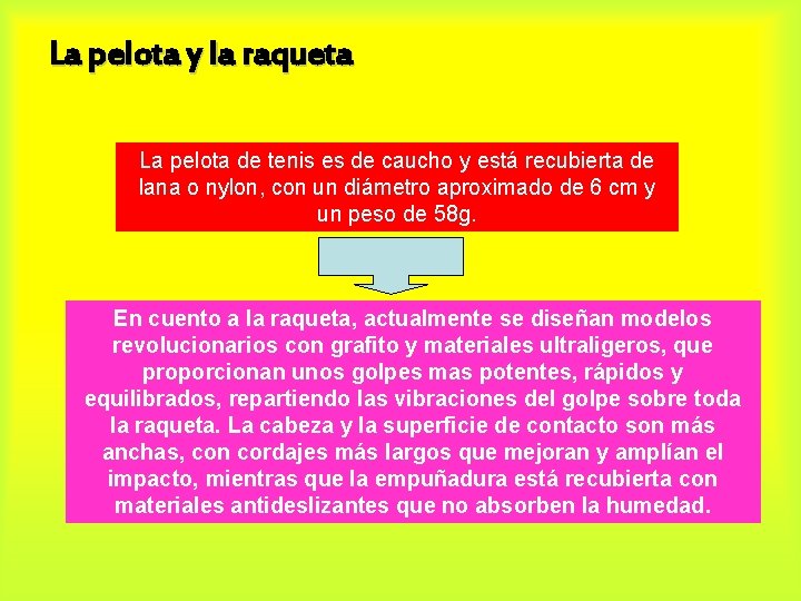 La pelota y la raqueta La pelota de tenis es de caucho y está