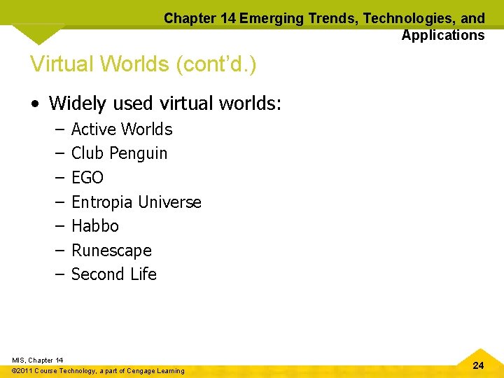 Chapter 14 Emerging Trends, Technologies, and Applications Virtual Worlds (cont’d. ) • Widely used