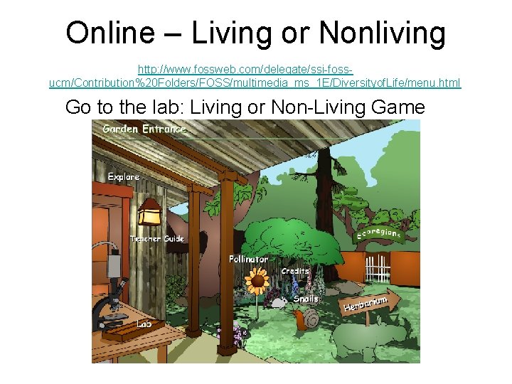 Online – Living or Nonliving http: //www. fossweb. com/delegate/ssi-fossucm/Contribution%20 Folders/FOSS/multimedia_ms_1 E/Diversityof. Life/menu. html Go