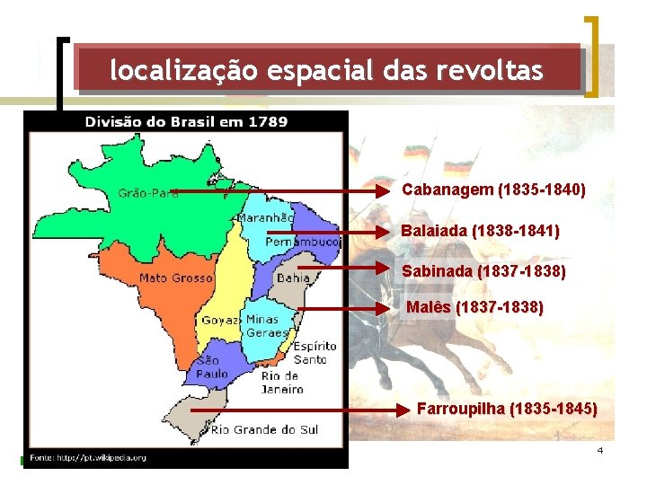 localização espacial das revoltas Cabanagem (1835 -1840) Balaiada (1838 -1841) Sabinada (1837 -1838) Malês