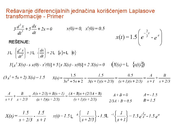 Rešavanje diferencijalnih jednačina korišćenjem Laplasove transformacije - Primer REŠENJE: 