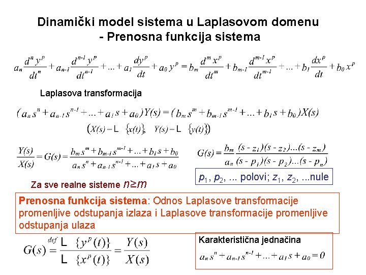 Dinamički model sistema u Laplasovom domenu - Prenosna funkcija sistema Laplasova transformacija Za sve