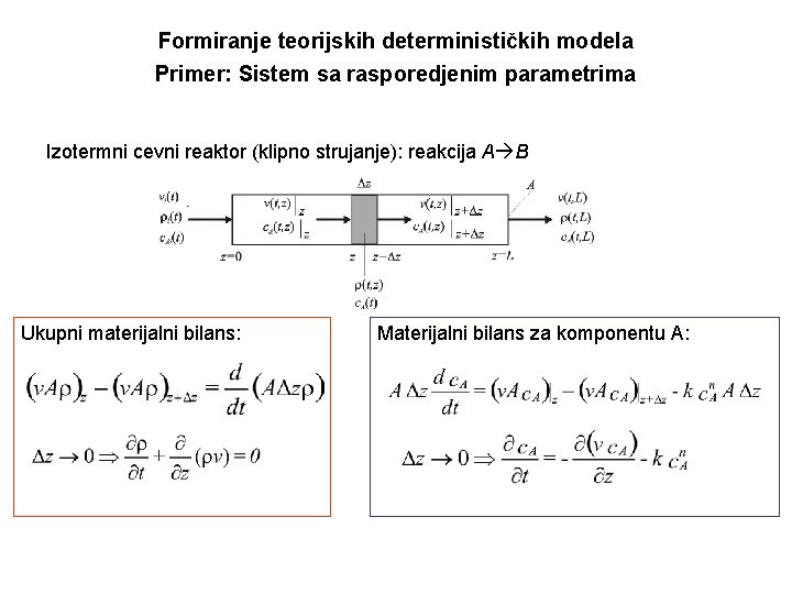 Formiranje teorijskih determinističkih modela Primer: Sistem sa rasporedjenim parametrima Izotermni cevni reaktor (klipno strujanje):