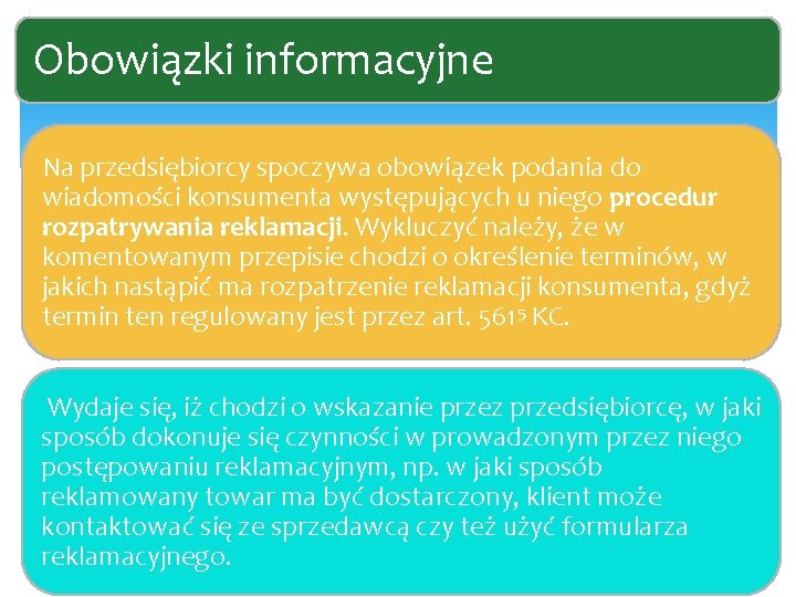 Obowiązki informacyjne Na przedsiębiorcy spoczywa obowiązek podania do wiadomości konsumenta występujących u niego procedur