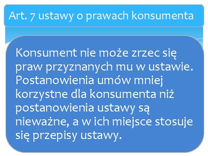 Art. 7 ustawy o prawach konsumenta Konsument nie może zrzec się praw przyznanych mu