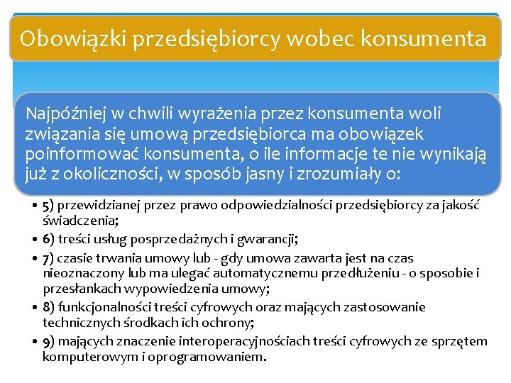 Obowiązki przedsiębiorcy wobec konsumenta Najpóźniej w chwili wyrażenia przez konsumenta woli związania się umową