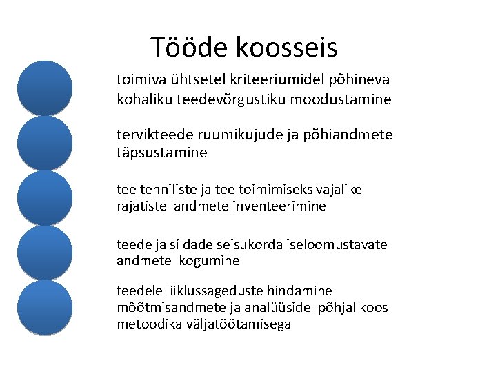 Tööde koosseis toimiva ühtsetel kriteeriumidel põhineva kohaliku teedevõrgustiku moodustamine tervikteede ruumikujude ja põhiandmete täpsustamine