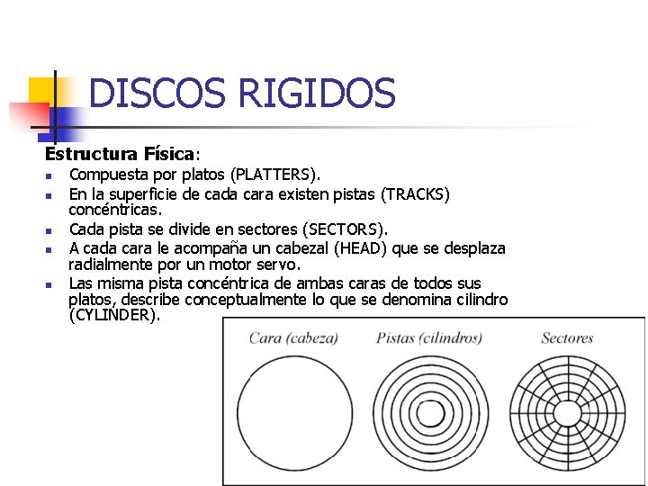 DISCOS RIGIDOS Estructura Física: n n n Compuesta por platos (PLATTERS). En la superficie DISCOS RIGIDOS Estructura Física: n n n Compuesta por platos (PLATTERS). En la superficie