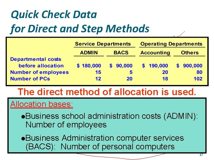 Quick Check Data for Direct and Step Methods The direct method of allocation is